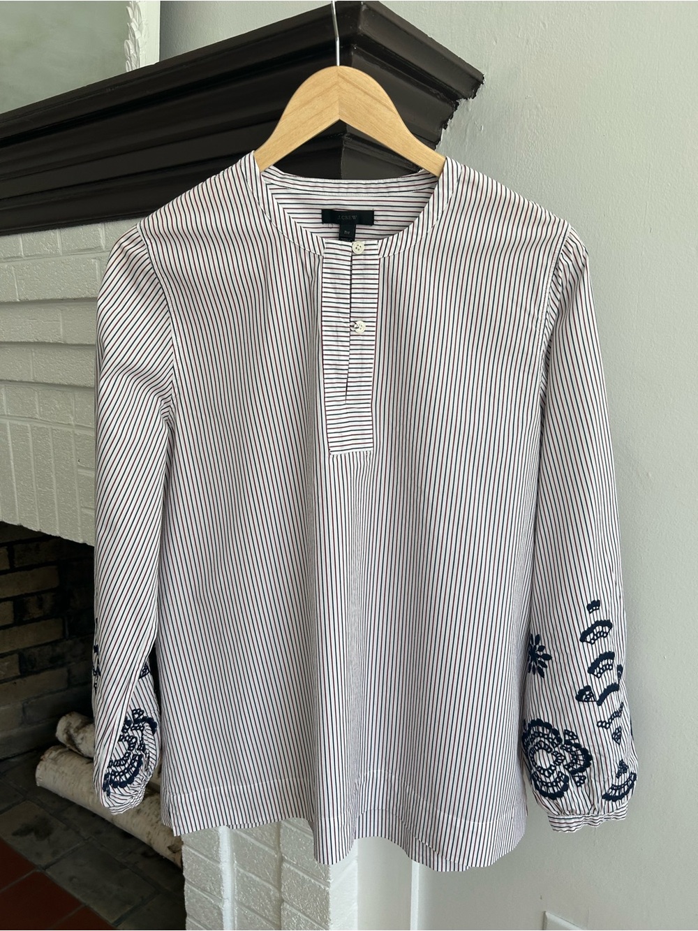 J. Crew White Shirt with Navy Pinstripes and Navy Embroidered Cuffs